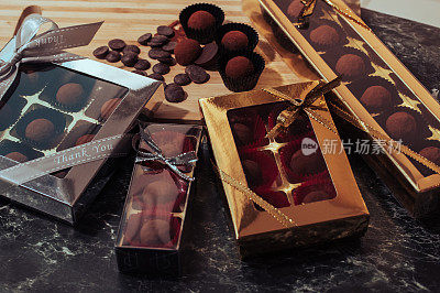 chocolate truffles with thank you label and gift box